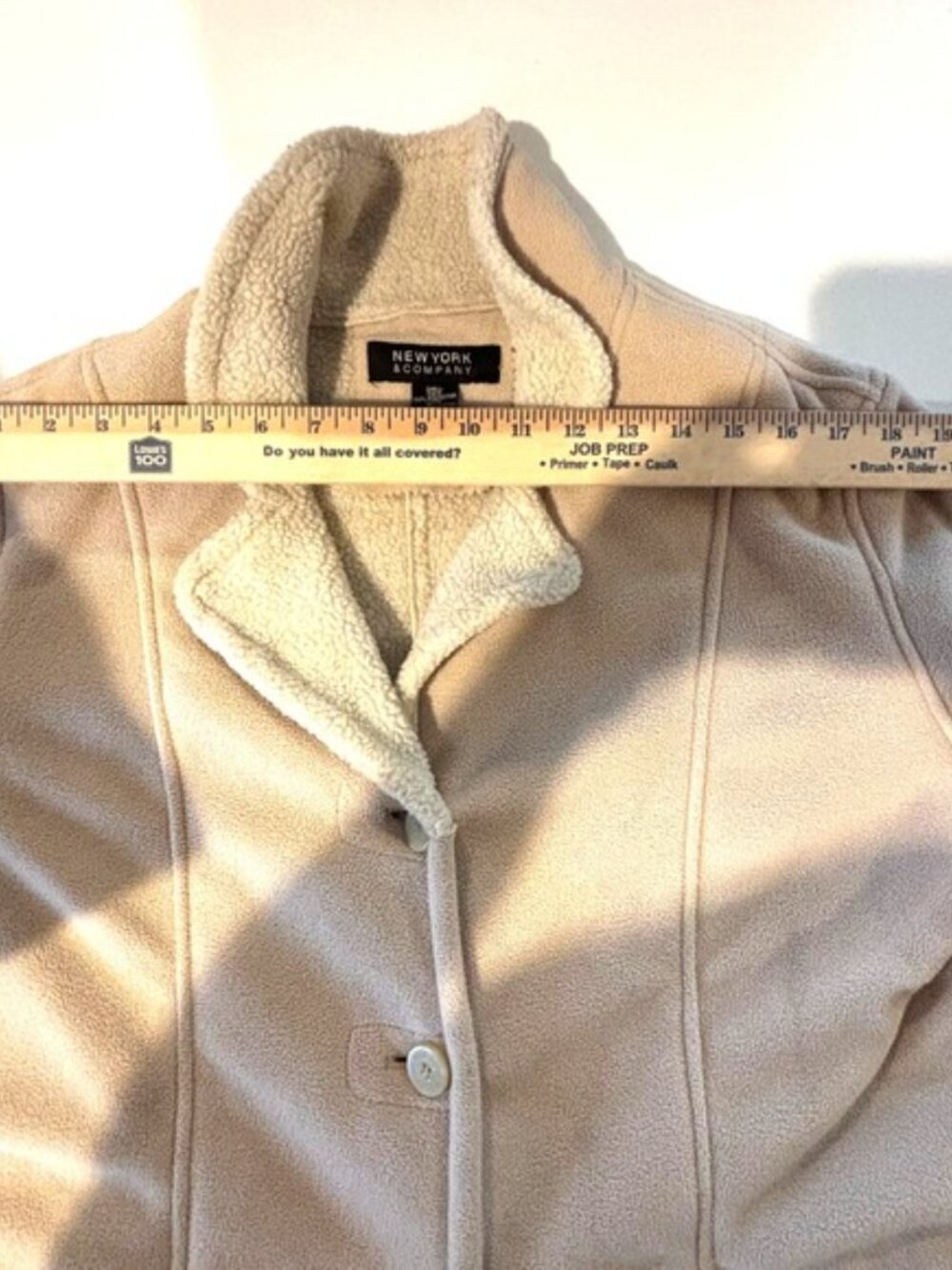 New York & Company Women's Beige Sherpa Lined Button Front Jacket Pockets - Picture 4 of 10